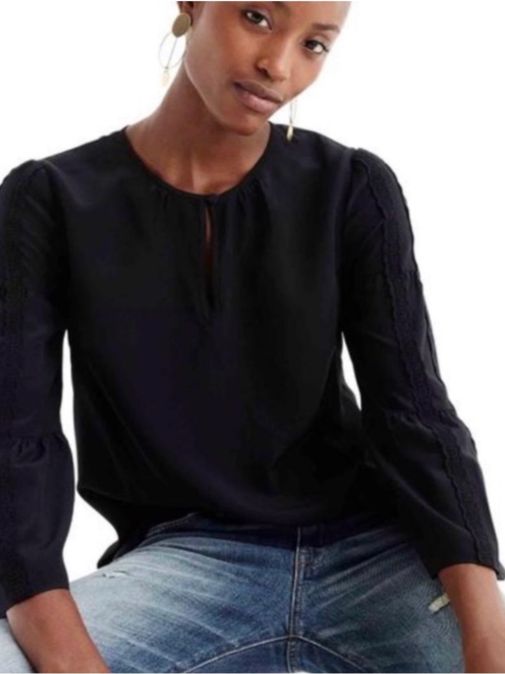 J. Crew Silk Black Embroidered Bell Sleeve Blouse